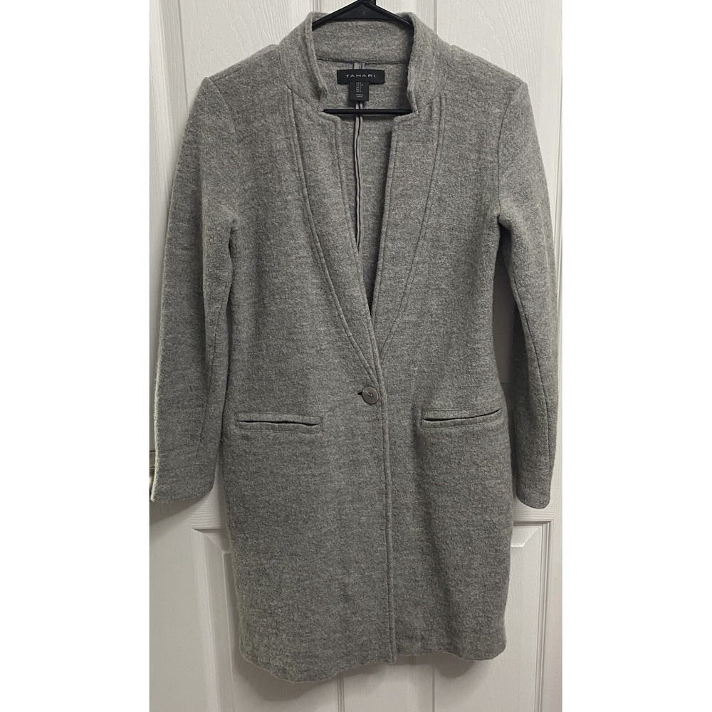 Tahari Women 100% Merino Wool Gray Suit Jacket Blazer Cardigan Modern Coat S